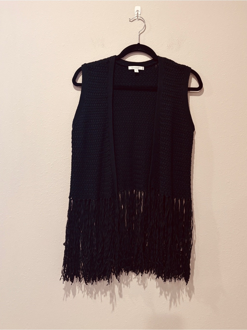 FOXCROFT Black Open Front Knit Fringe Vest Boho Festival Cotton Crochet Casual